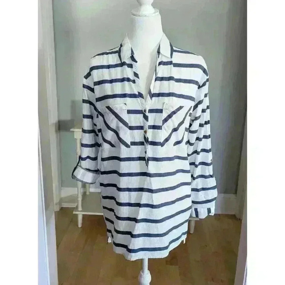 Tribal White and Blue Stripe Cotton Half Button Down Top Size L. #54 - Picture 3 of 10